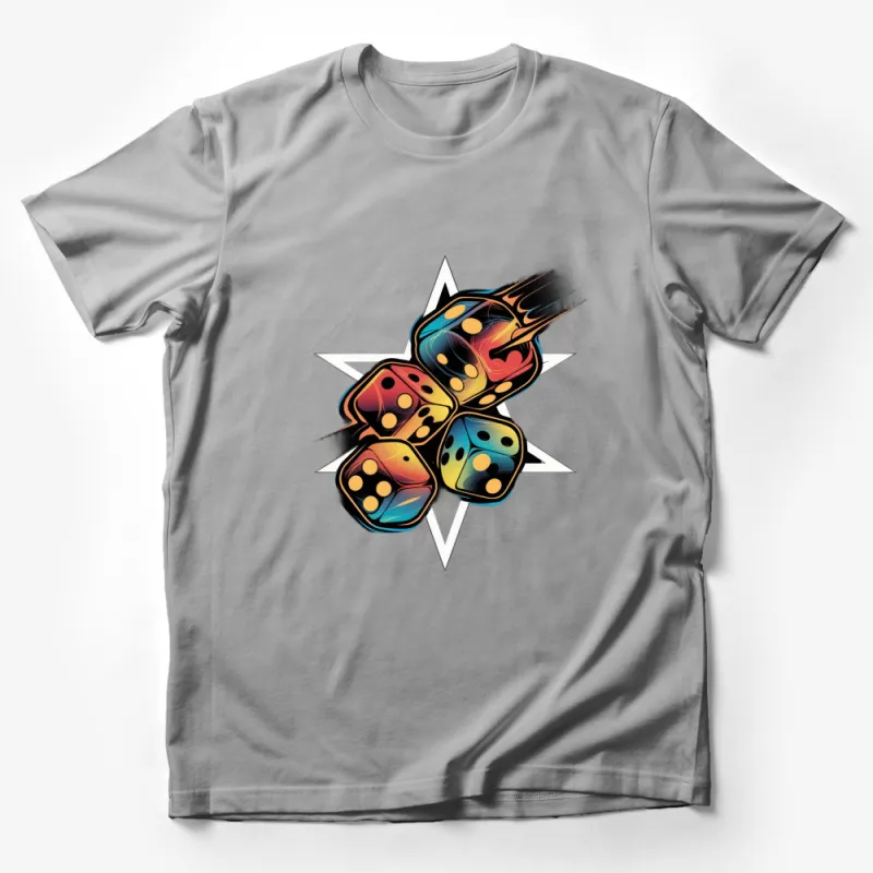 Vibrant Cosmic Dice Graphic T-Shirt, Colorful Space Themed Tee, Unique Gamer Apparel Male T-Shirt