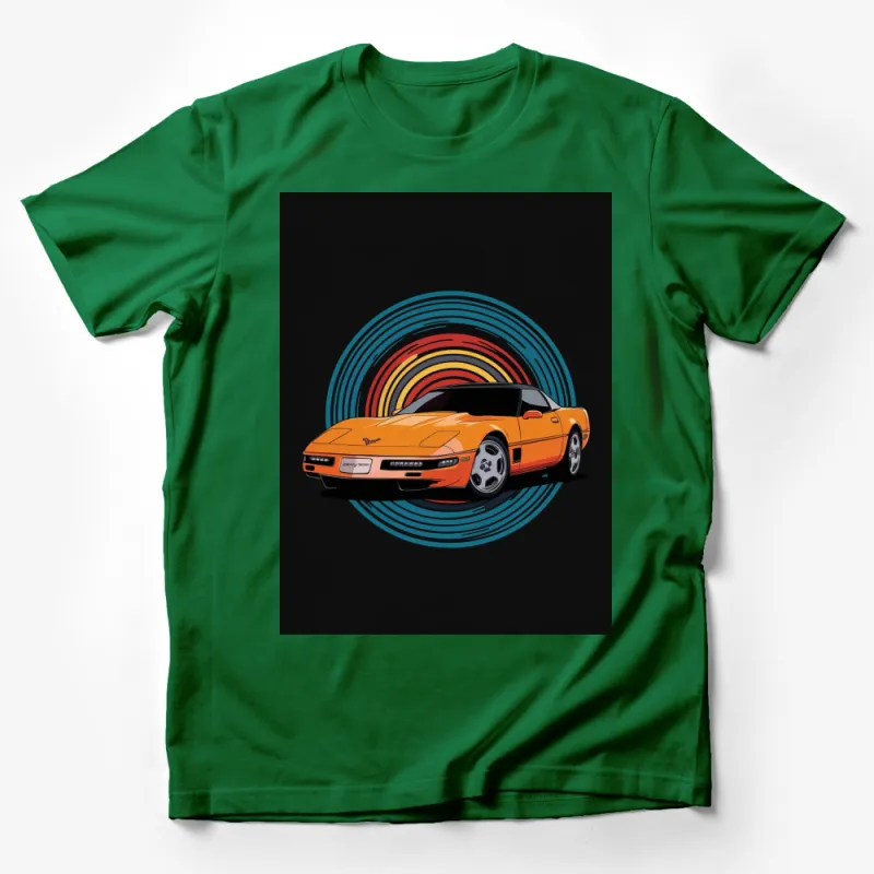 Vintage Orange Corvette T-Shirt, Classic Car with Retro Rainbow Circle Graphic, Unisex Tee Male T-Shirt