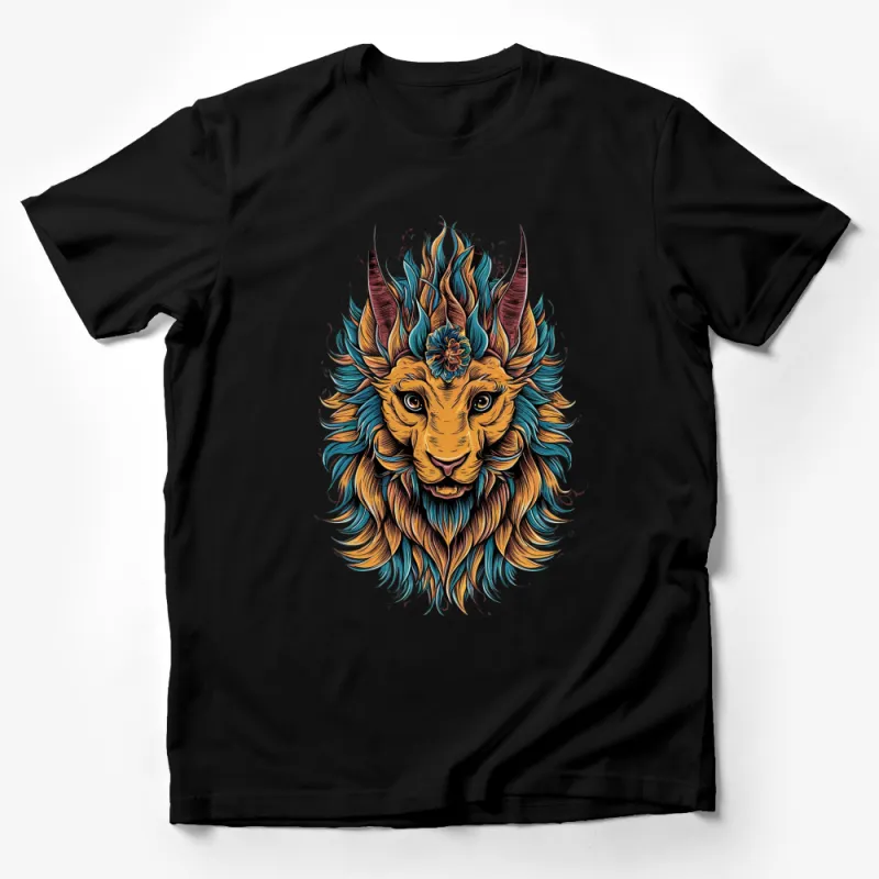 Colorful Lion with Horns Graphic T-Shirt, Unique Animal Illustration Tee, Artistic Unisex Shirt Male T-Shirt