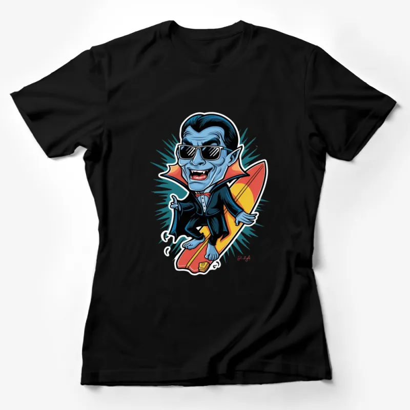 Funny Surfing Vampire Cartoon T-Shirt, Cool Dracula With Surfboard Tee, Summer Beach Graphic Shirt, Unisex T-Shirt Female T-Shirt