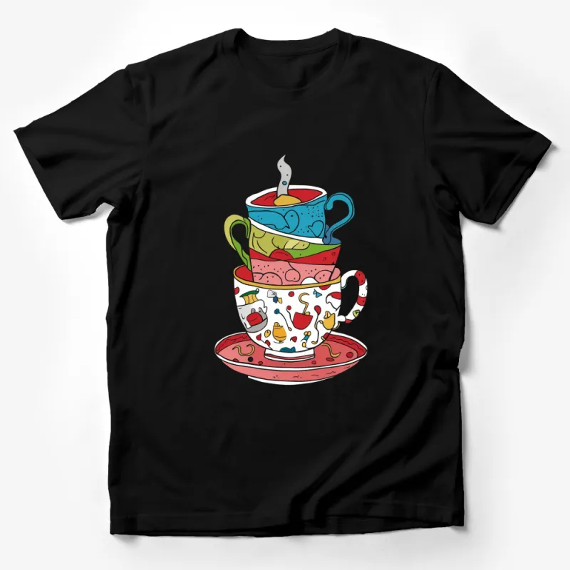 Colorful Stacked Tea Cups T-Shirt, Whimsical Artistic Design, Unique Graphic Tee for Tea Lovers Male T-Shirt