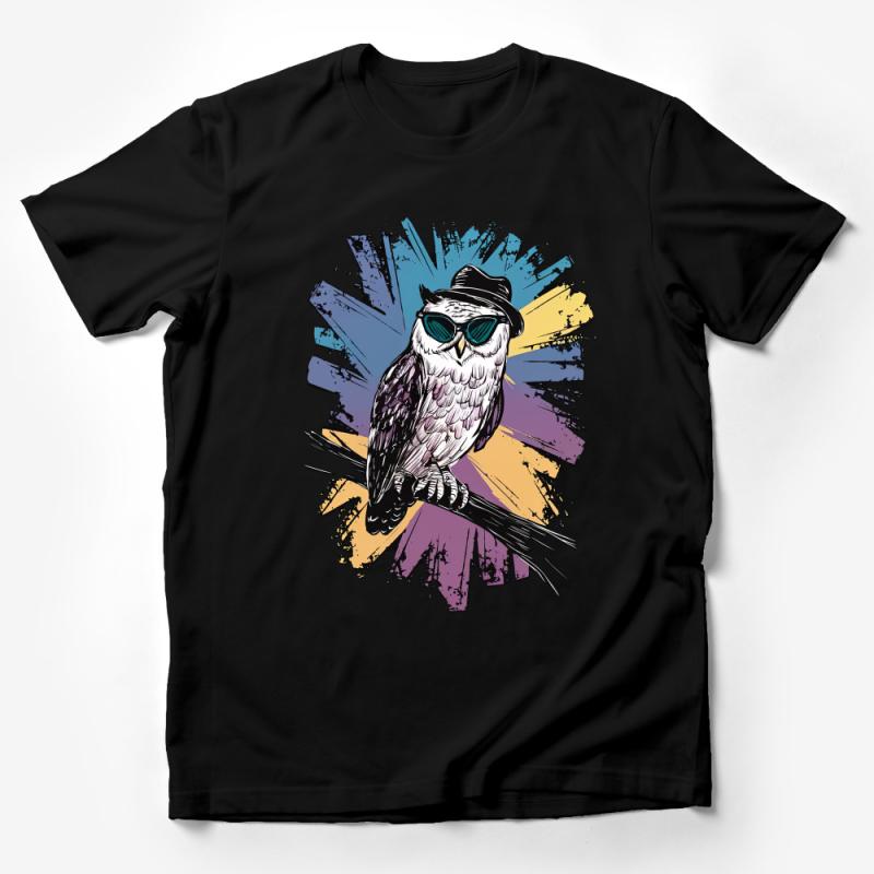 Cool Owl with Sunglasses T-Shirt, Hipster Owl Graphic Tee, Vibrant Colors Casual Shirt Unisex, Trendy Bird Illustration Apparel Male T-Shirt