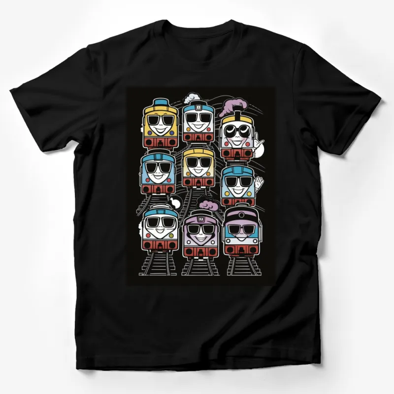 Funky Cartoon Train Faces Tee, Colorful Locomotive Art T-Shirt, Unisex Graphic Tee for All Ages Male T-Shirt