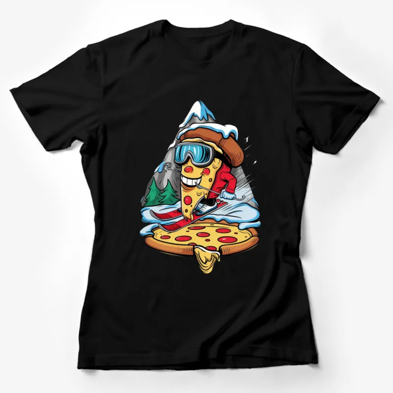 Funky Pizza Slice Snowboarding Cartoon T-Shirt, Colorful Winter Sports Tee, Snowboarder Graphic, Unique Apparel Gift Female T-Shirt