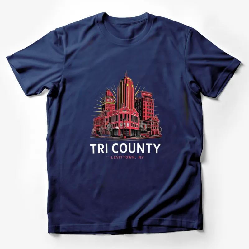 Vintage Tri County Levittown NY Skyline T-Shirt, Art Deco Style Graphic Tee, Urban Red and Black Design Male T-Shirt