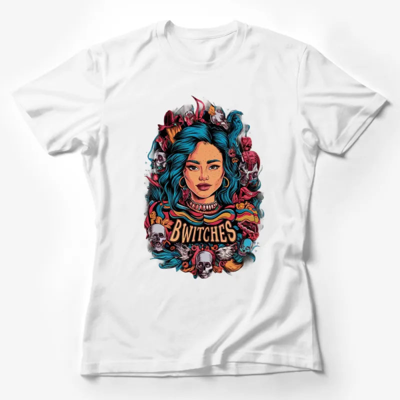 Gothic Witch Girl T-Shirt, Colorful Skulls and Roses, Bwitches Graphic Tee, Unique Halloween Apparel Female T-Shirt