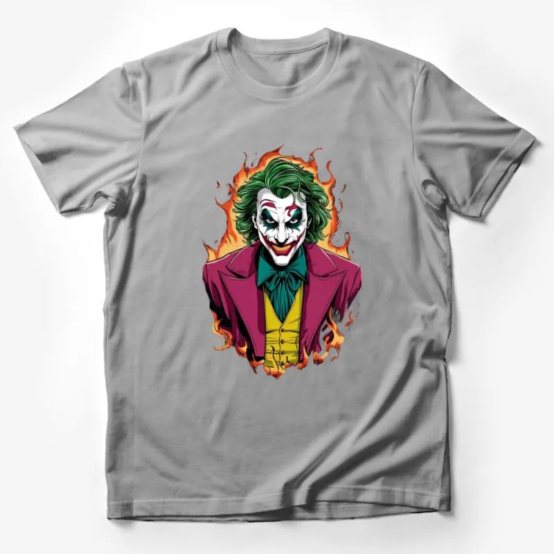 Joker-Inspired Flaming Graphic T-Shirt, Bold Comic Villain Design, Unisex Tee for Fans Male T-Shirt