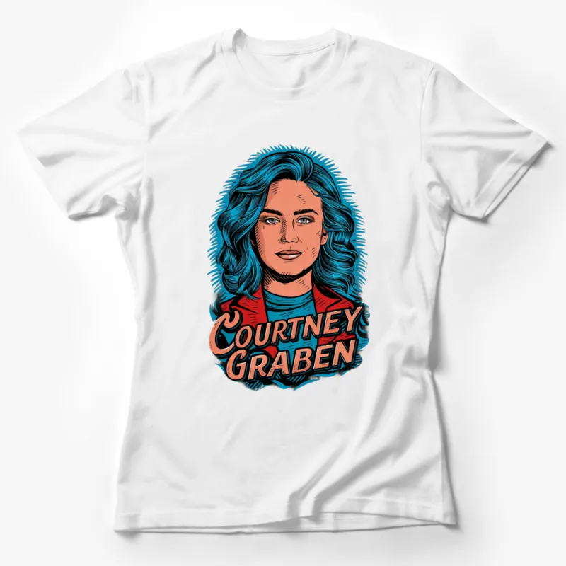 Courtney Graben Blue Hair Comic Style T-Shirt, Graphic Tee for Women, Colorful Portrait Casual Wear Female T-Shirt