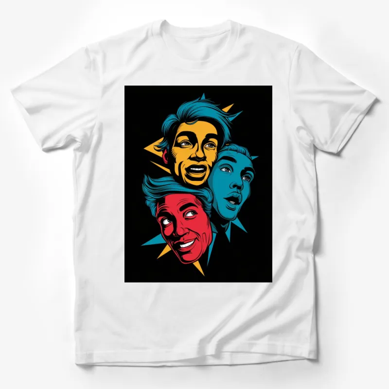 Colorful Pop Art Faces T-Shirt, Vibrant Comic Style Graphic Tee, Unique Fashion Statement Apparel Male T-Shirt