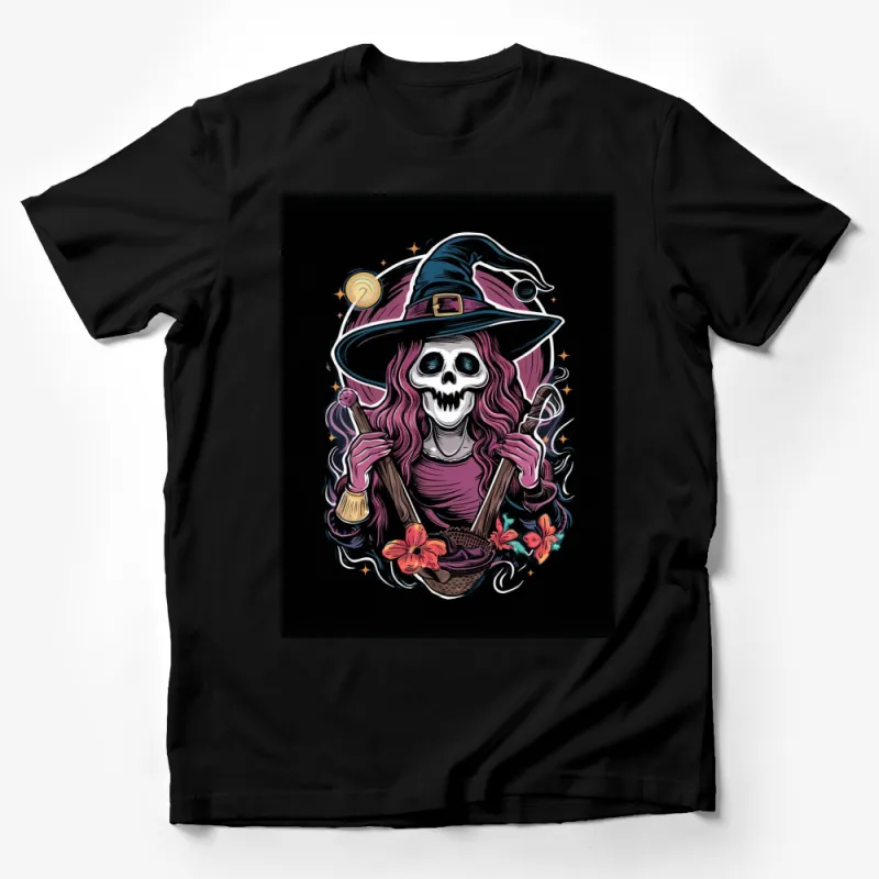 Witch Skull T-Shirt, Spooky Halloween Graphic Tee, Witchcraft and Magic, Stars and Flowers Design Male T-Shirt