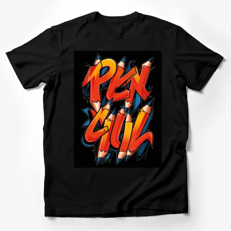 Colorful Graffiti-Style Pen Pencil T-Shirt, Urban Streetwear, Unique Hip Hop Clothing for All Male T-Shirt