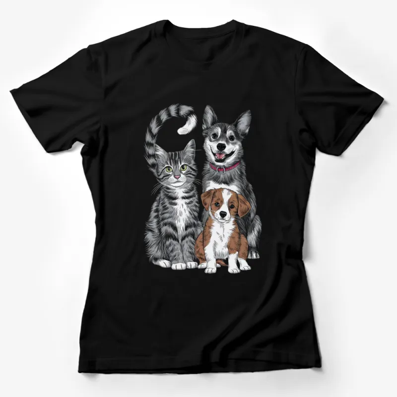 Cute Cat and Dogs T-Shirt, Animal Lover Graphic Tee, Pet Illustration Top Female T-Shirt