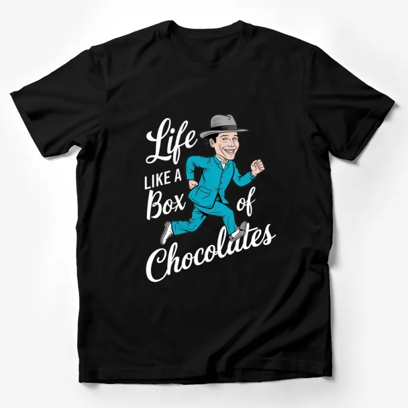 Vintage Inspired Life Like a Box of Chocolates Quote T-Shirt, Retro Running Man Graphic Tee, Fun Movie Saying Top Male T-Shirt