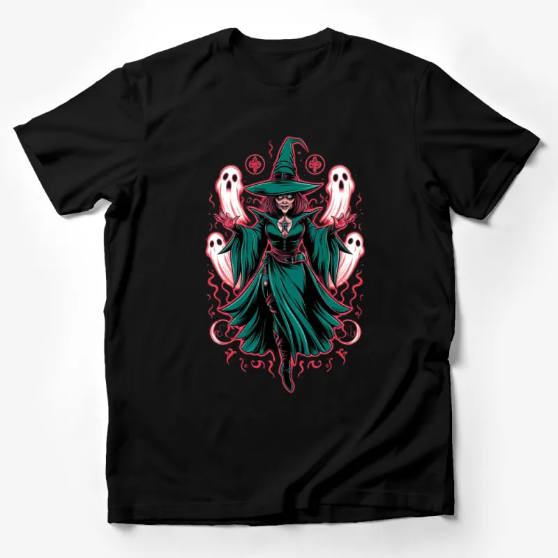 Witch and Ghosts Graphic T-Shirt, Spooky Halloween Witch Design Tee, Unisex Fashion Male T-Shirt