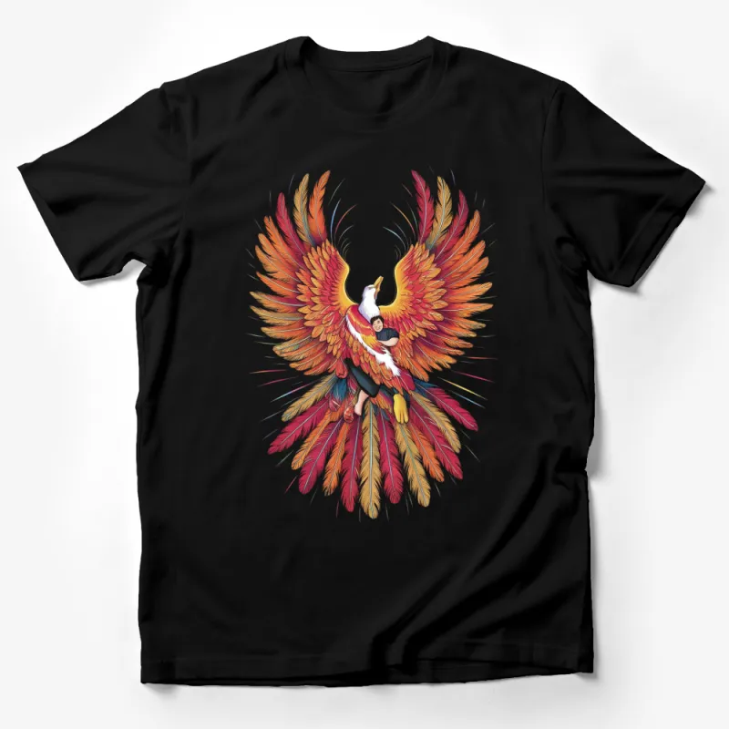 Majestic Phoenix and Woman Embrace Art T-Shirt, Colorful Fantasy Bird Graphic Tee, Unique Artistic Apparel, Gift for Art Lovers Male T-Shirt