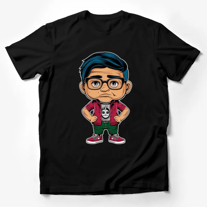 Cool Hipster Boy Cartoon Graphic T-Shirt, Unique Kid Character Tee, Fun Casual Apparel for All Ages Male T-Shirt