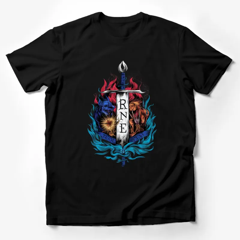 Fantasy Art T-Shirt, Blue and Red Lion Crest, Fire and Water Motif Tee, Unisex Graphic Shirt Male T-Shirt