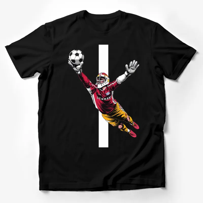 Dynamic Denmark Goalkeeper T-Shirt, Soccer Fan Apparel, Athletic Wear for All Ages Male T-Shirt