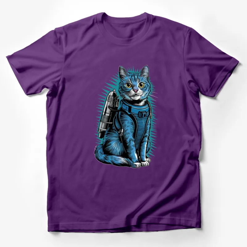 Astronaut Cat T-Shirt, Space Cat Graphic Tee, Unisex Adult Blue Cat Shirt, Unique Sci-Fi Cat Lover Gift Male T-Shirt