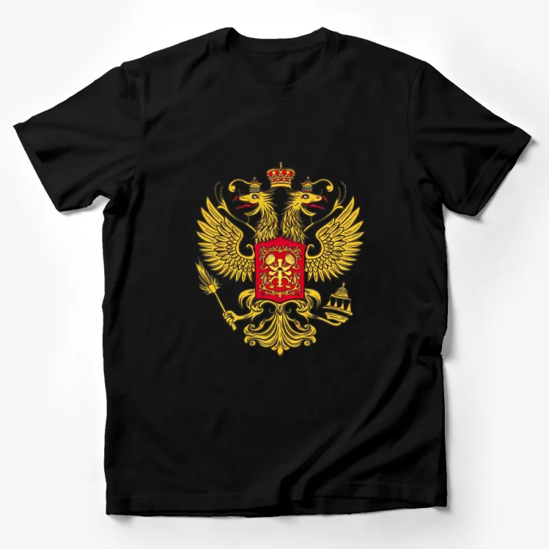 Double-Headed Eagle Crest Graphic T-Shirt, Gold and Red Imperial Emblem Tee, Stylish Vintage Inspired Design Male T-Shirt