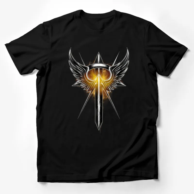 Winged Sword Graphic T-Shirt, Cool Fantasy Emblem Tee, Unique Unisex Skater Design, Metallic Style Male T-Shirt