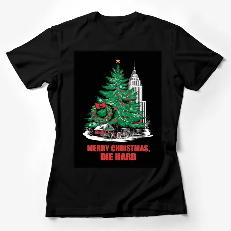 Merry Christmas Die Hard Movie Inspired T-Shirt, Festive Holiday Tee, Unique Christmas Tree Design Female T-Shirt