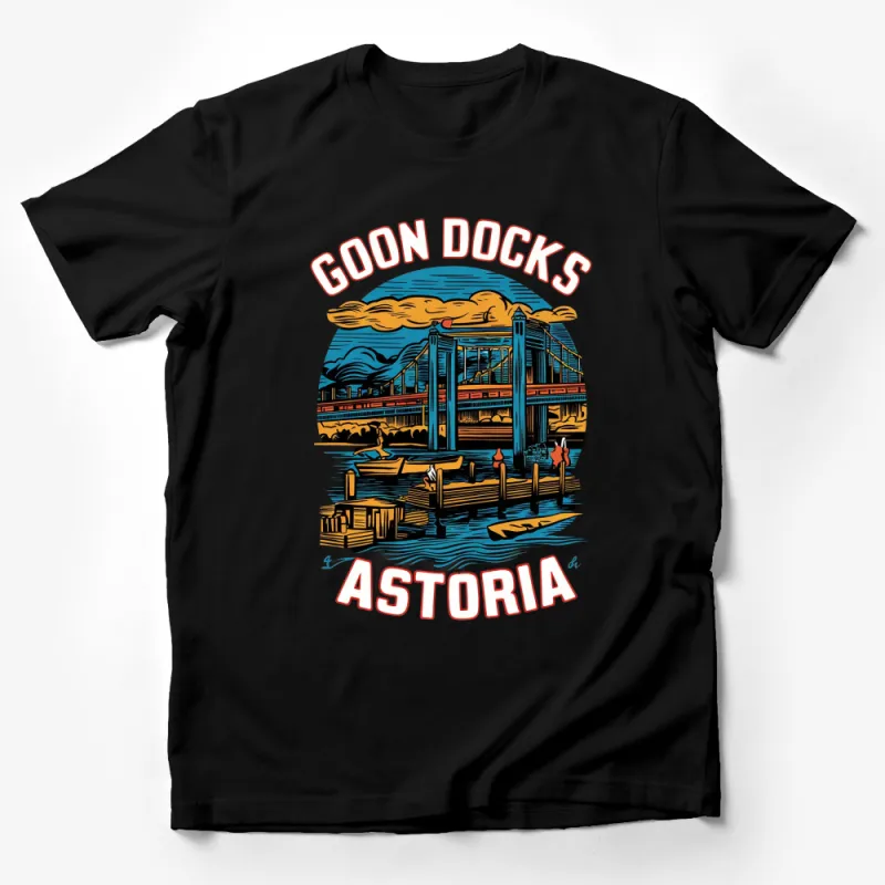 Astoria Goon Docks Retro Bridge Design T-Shirt, Vintage 80s Style Graphic Tee, Unisex Casual Outfit Male T-Shirt