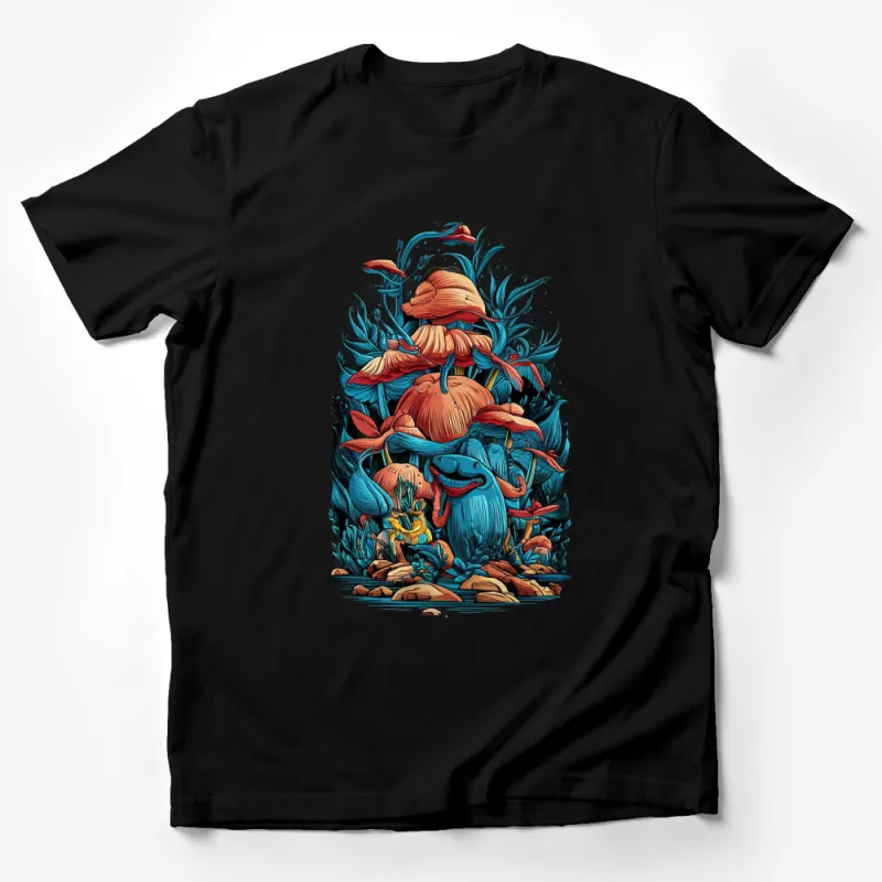 Unique Fantasy Creature and Mushroom Forest Illustration T-Shirt, Colorful Artistic Graphic Tee, Unisex Male T-Shirt