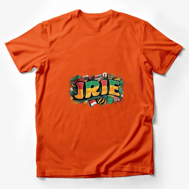 Colorful Rasta Irie Word Art T-Shirt, Tropical Reggae Music Inspired Tee, Unique Jamaican Slang Top Male T-Shirt