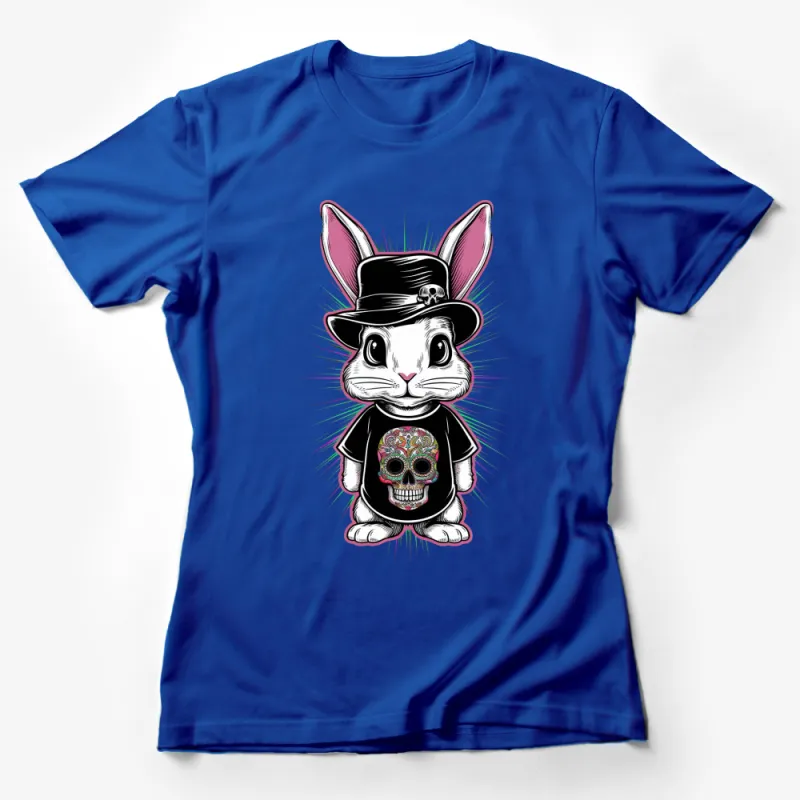 Cool Rabbit with Hat and Skull T-Shirt, Unique Graphic Tee, Unisex Punk Bunny Shirt Female T-Shirt