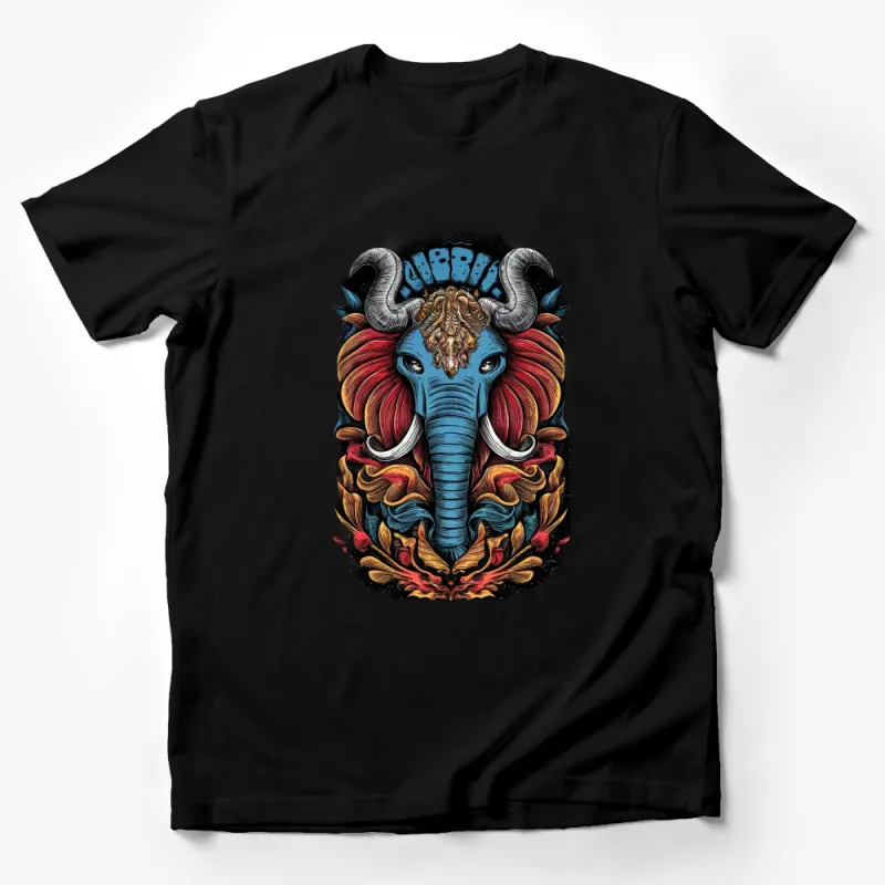 Colorful Elephant T-Shirt with Mythical Horns, Fantasy Graphic Tee, Unique Animal Print Shirt, Artistic Clothing Male T-Shirt