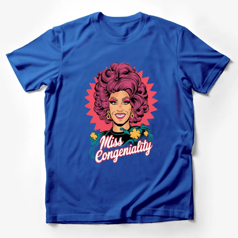 Miss Congeniality Retro Comic Style T-Shirt, Bold Pink Hair, Floral Design, Pop Art Fashion Male T-Shirt