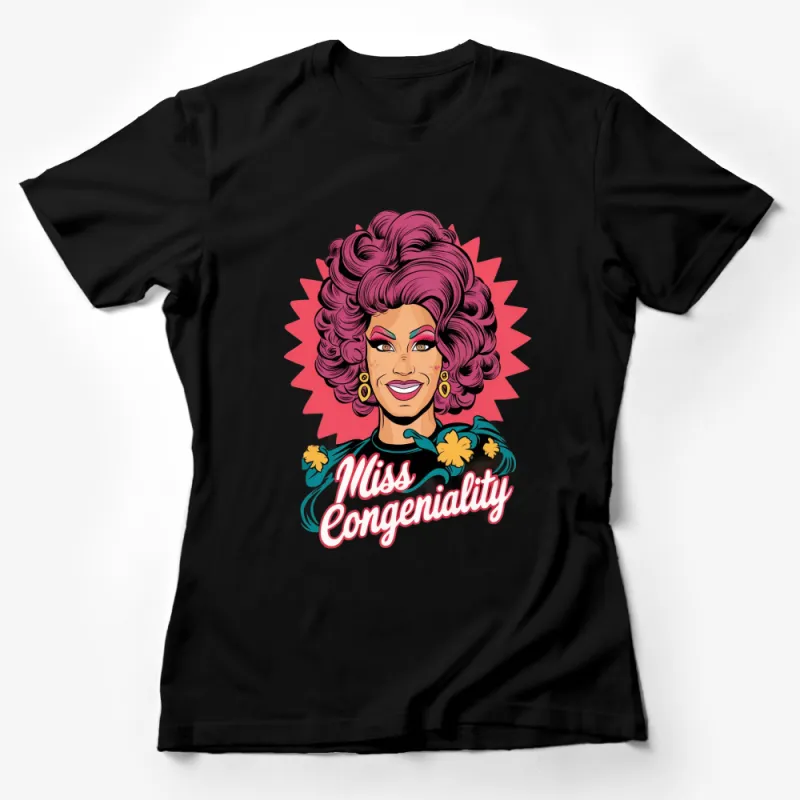 Miss Congeniality Retro Comic Style T-Shirt, Bold Pink Hair, Floral Design, Pop Art Fashion Female T-Shirt