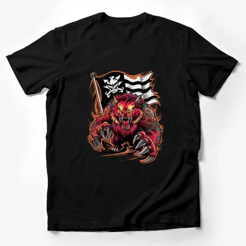 Men's Graphic Tee, Red Tiger and Pirate Flag Design, Bold Statement T-Shirt, Unique Art Print Top Male T-Shirt