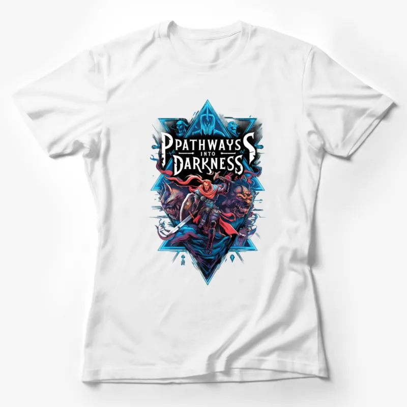 Pathways Into Darkness T-Shirt, Graphic Warrior and Monsters Design, Unique Fantasy Art, Gift for Gamers Female T-Shirt