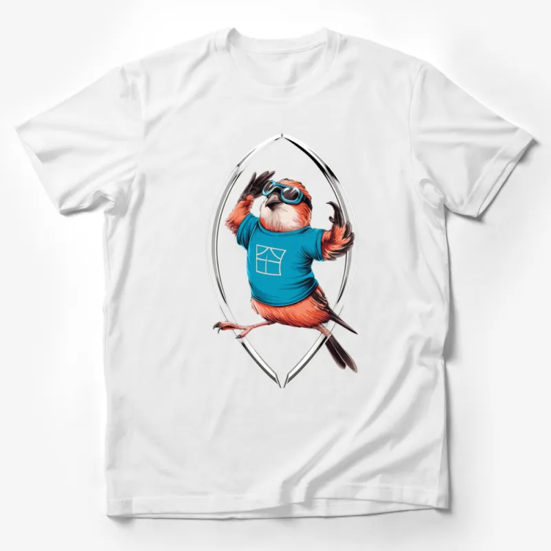 Quirky Bird in Goggles and Blue Shirt, Unique Graphic T-Shirt, Fun Animal Illustration, Casual Wear Male T-Shirt