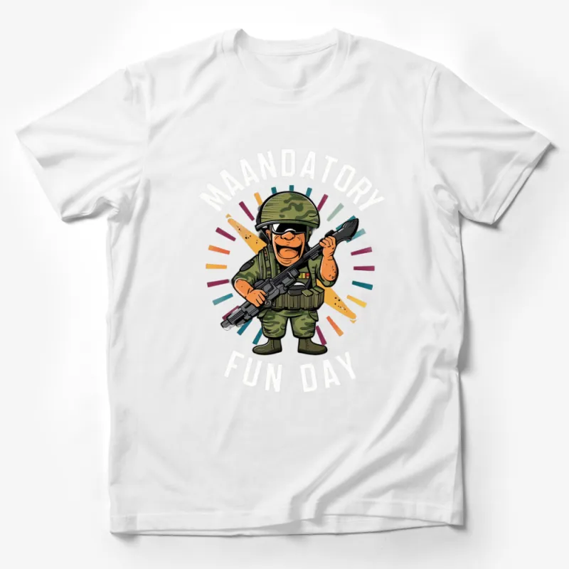 Mandatory Fun Day Army Cartoon T-Shirt, Military Graphic Tee, Soldier with Gun Casual Wear Male T-Shirt