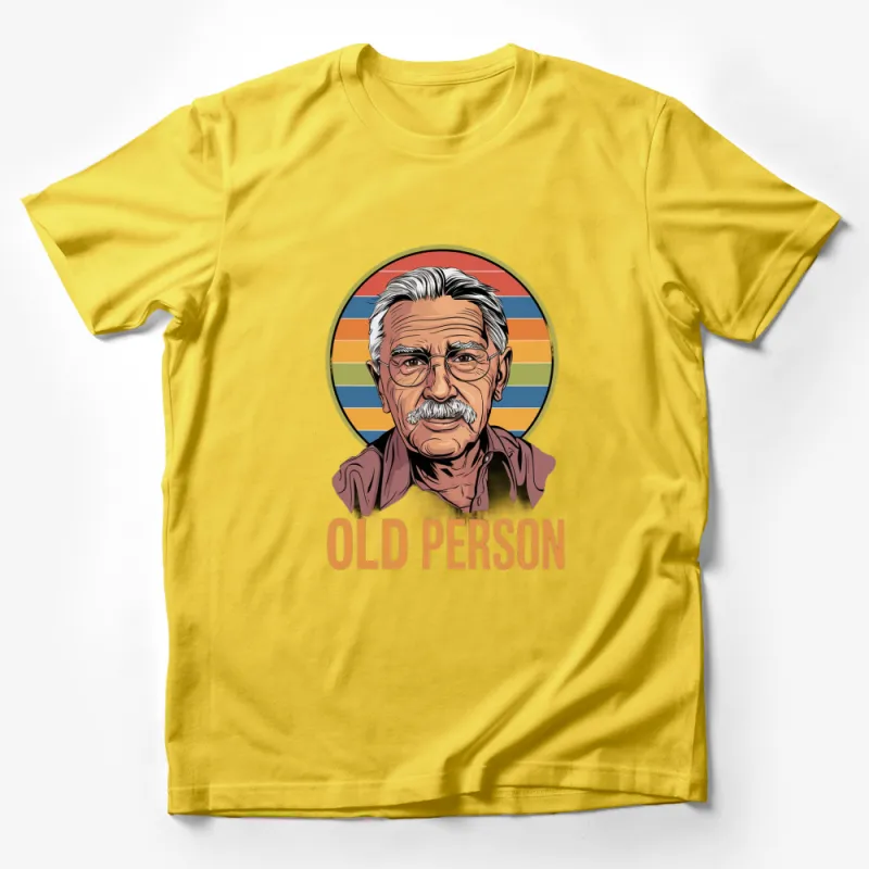 Vintage Inspired Old Person Graphic Tee - Retro Style Portrait T-Shirt, Colorful Stripes Background Male T-Shirt