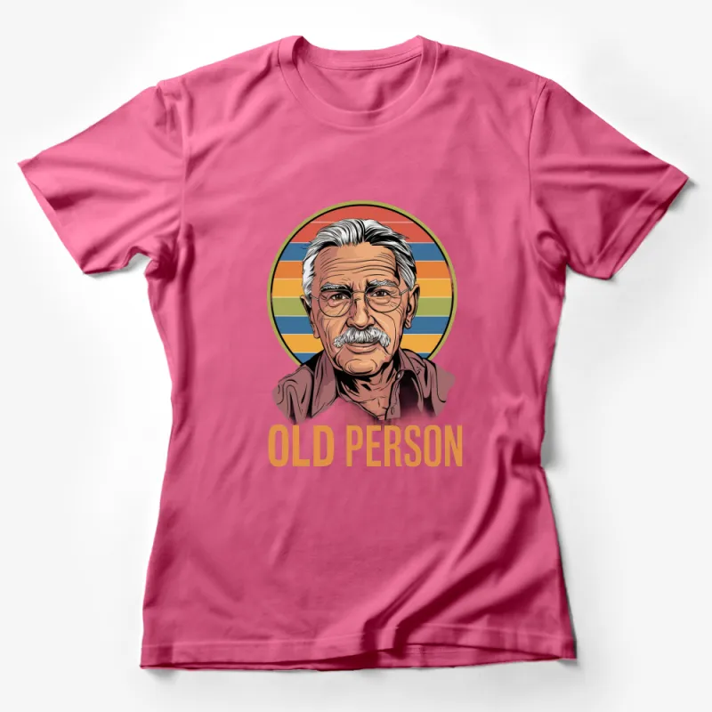 Vintage Inspired Old Person Graphic Tee - Retro Style Portrait T-Shirt, Colorful Stripes Background Female T-Shirt