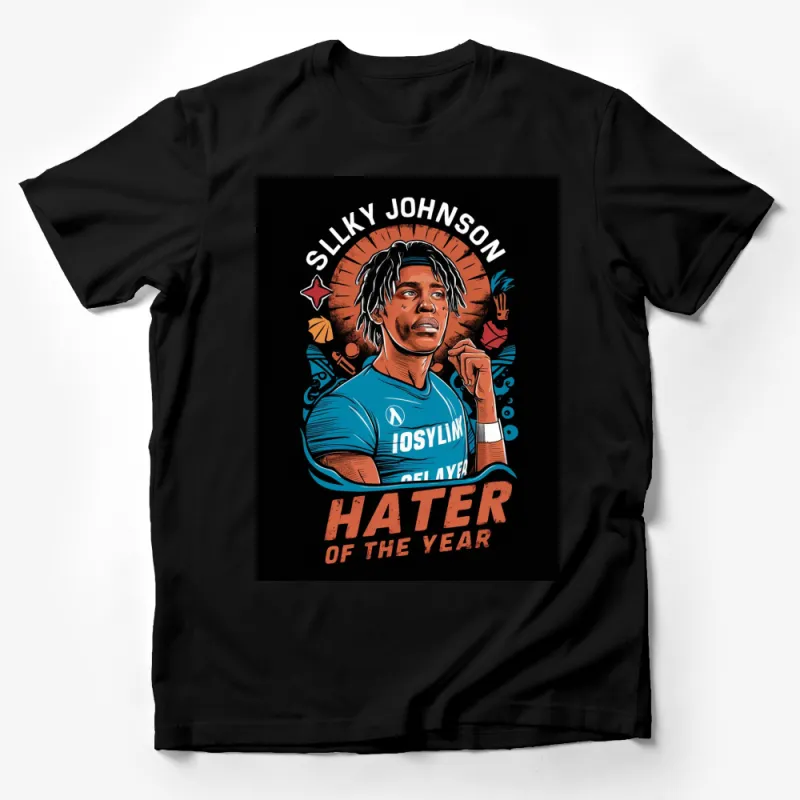 Bold Graphic T-Shirt, Silky Johnson, Hater of the Year, Blue and Orange Design Male T-Shirt