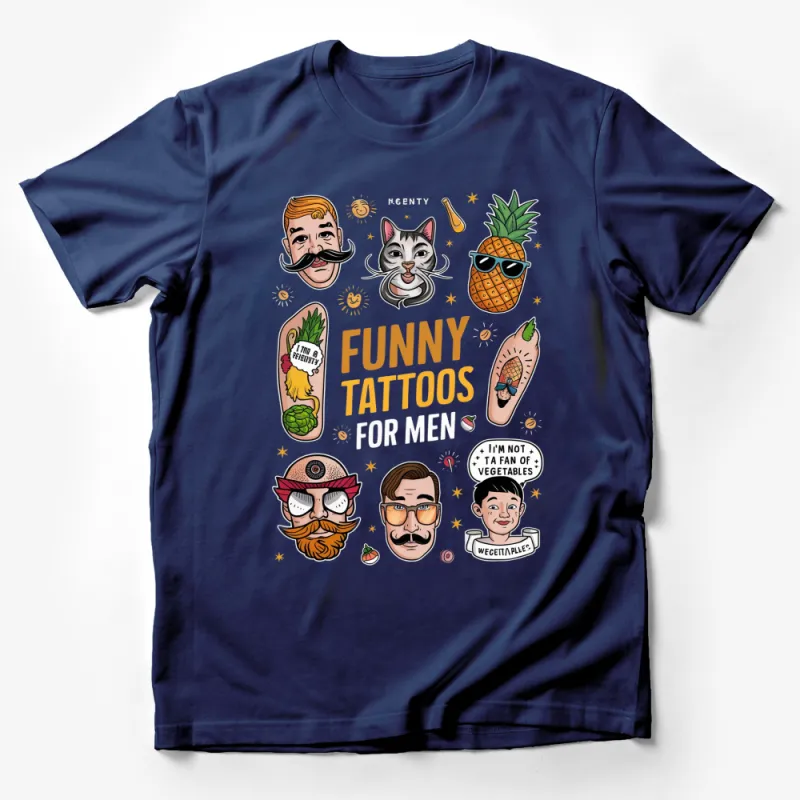 Funny Tattoos For Men T-Shirt, Quirky Pineapple and Mustache Graphic Tee, Novelty Gift Male T-Shirt