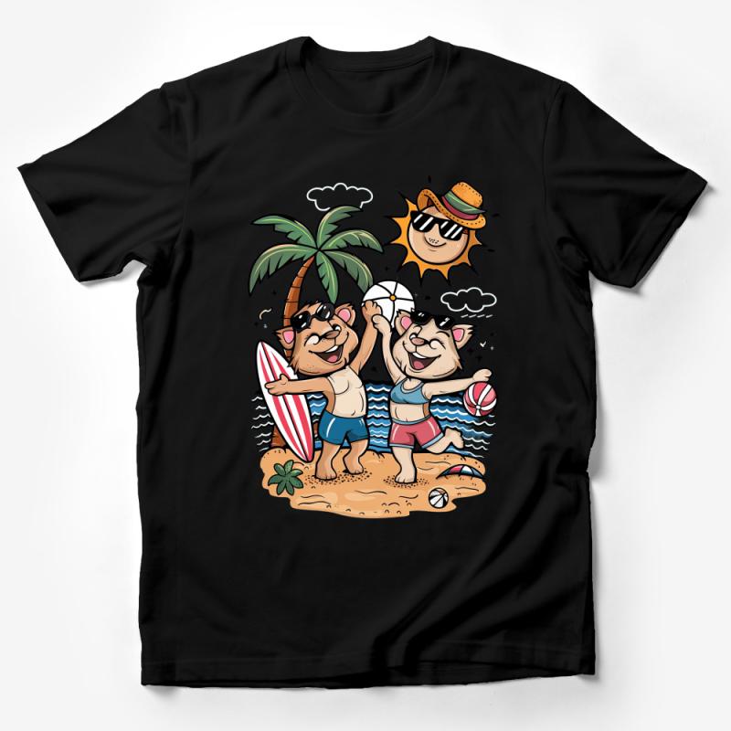 Beach Fun T-Shirt with Cartoon Lions, Summer Vacation Graphic Tee, Unisex Casual Surf Shirt, Family Holiday Top, Sun and Palm Design Male T-Shirt