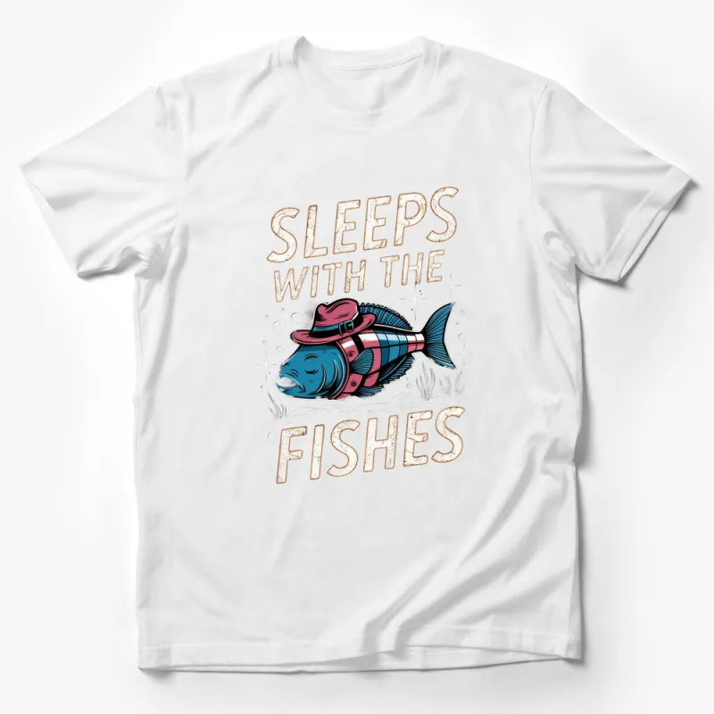 Funny Fish T-Shirt, Sleeps with the Fishes, Cowboy Hat Fish Graphic Tee, Unique Ocean Life Shirt, Gift for Fishermen Male T-Shirt