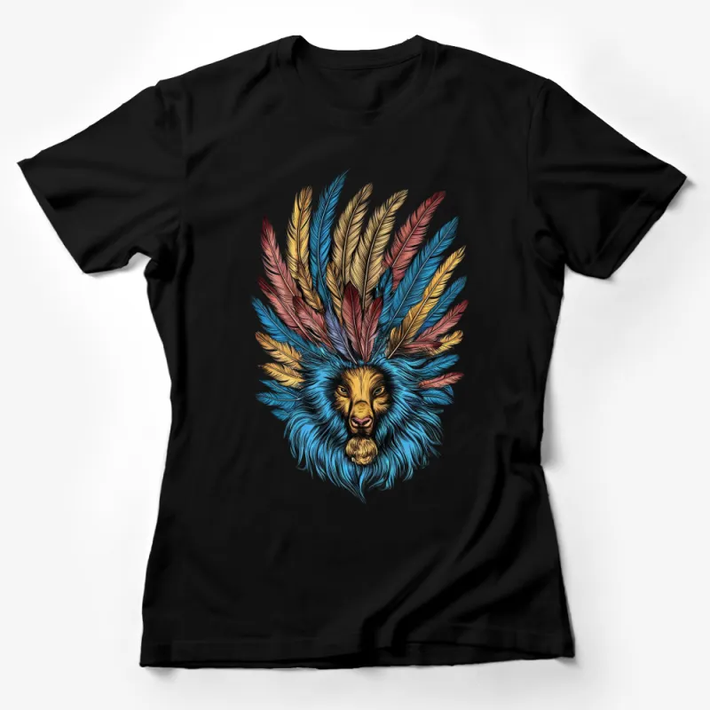 Colorful Lion with Feather Mane Illustration, Vibrant Graphic Lion Art T-Shirt, Unisex Tee Female T-Shirt