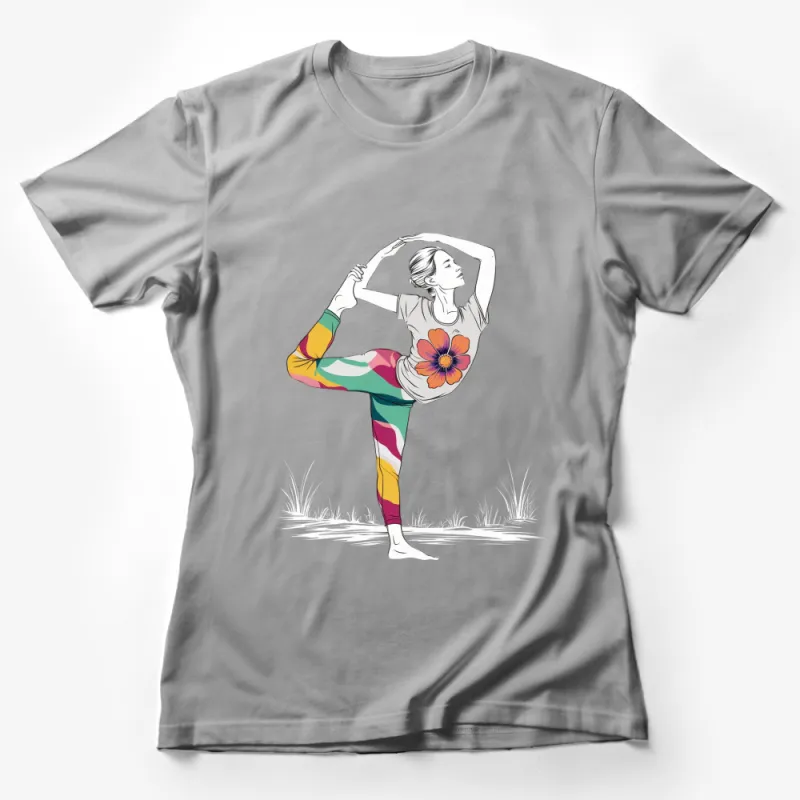 Women's Yoga Pose T-Shirt, Colorful Leggings, Floral Design, Fitness Apparel Female T-Shirt