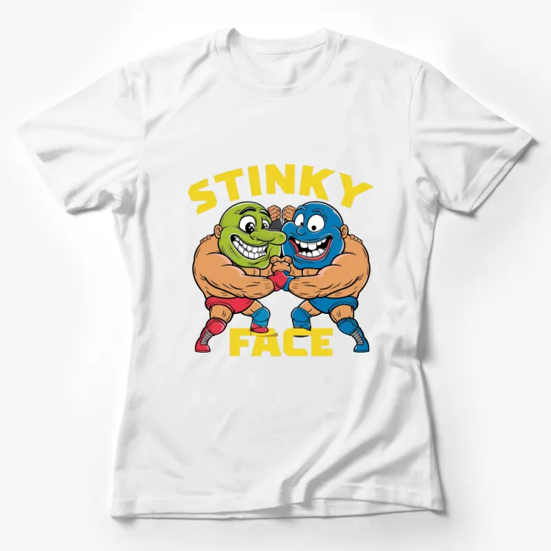 Funny Stinky Face Cartoon T-Shirt, Colorful Wrestling Characters, Unique Graphic Tee Female T-Shirt