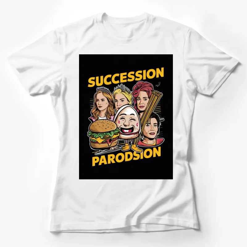 Succession Parody T-Shirt with Cartoon Character Graphics, Quirky Fun Burger and Crown Design Female T-Shirt