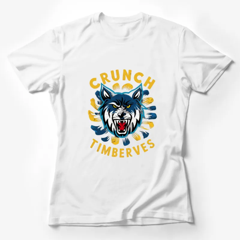 Crunch Timberwolves Graphic T-Shirt, Blue and Yellow Wolf Design, Casual Wear for Men and Women Female T-Shirt