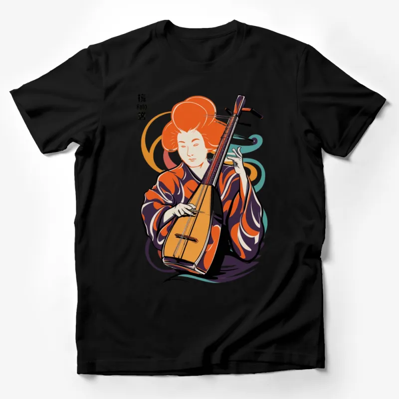 Vibrant Geisha Playing Koto Art T-Shirt, Modern Graphic Tee, Japanese Traditional Music, Cultural Apparel Male T-Shirt