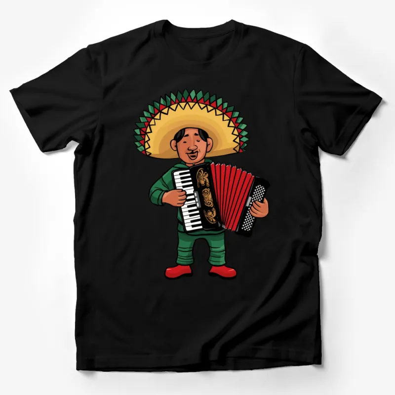 Bright Mexican Fiesta Accordion Player T-Shirt, Traditional Sombrero and Serape Print, Unisex Adult and Kids Sizes Male T-Shirt